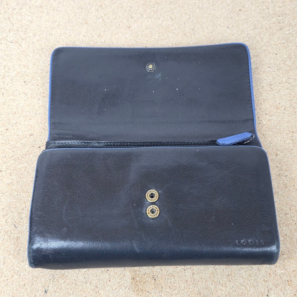 Lodis Women's Black Leather Trifold Wallet with Blue Trim and Coin Zipper